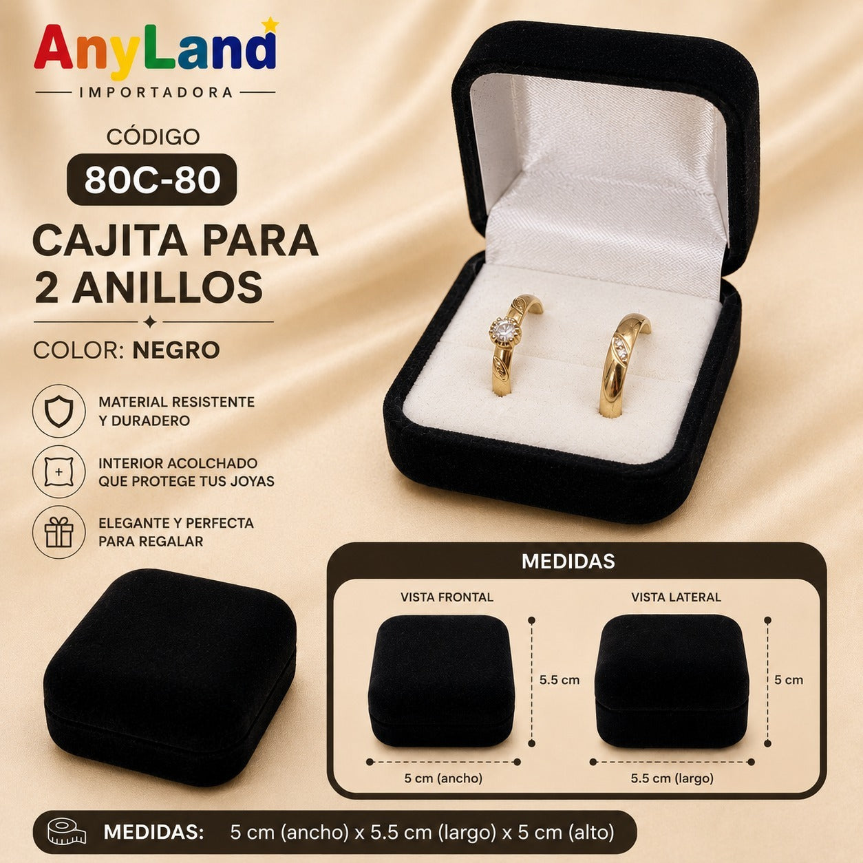 Cajita de terciopelo negro cuadrada x docena para 2 anillos (80C-80)