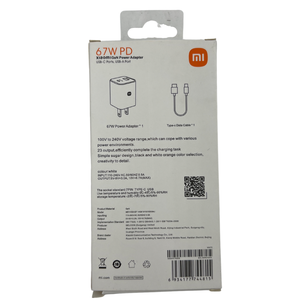 Adaptador Solo Xiaomi USB-C Ports 67W, USB-A Port 25W No Incluye Cable