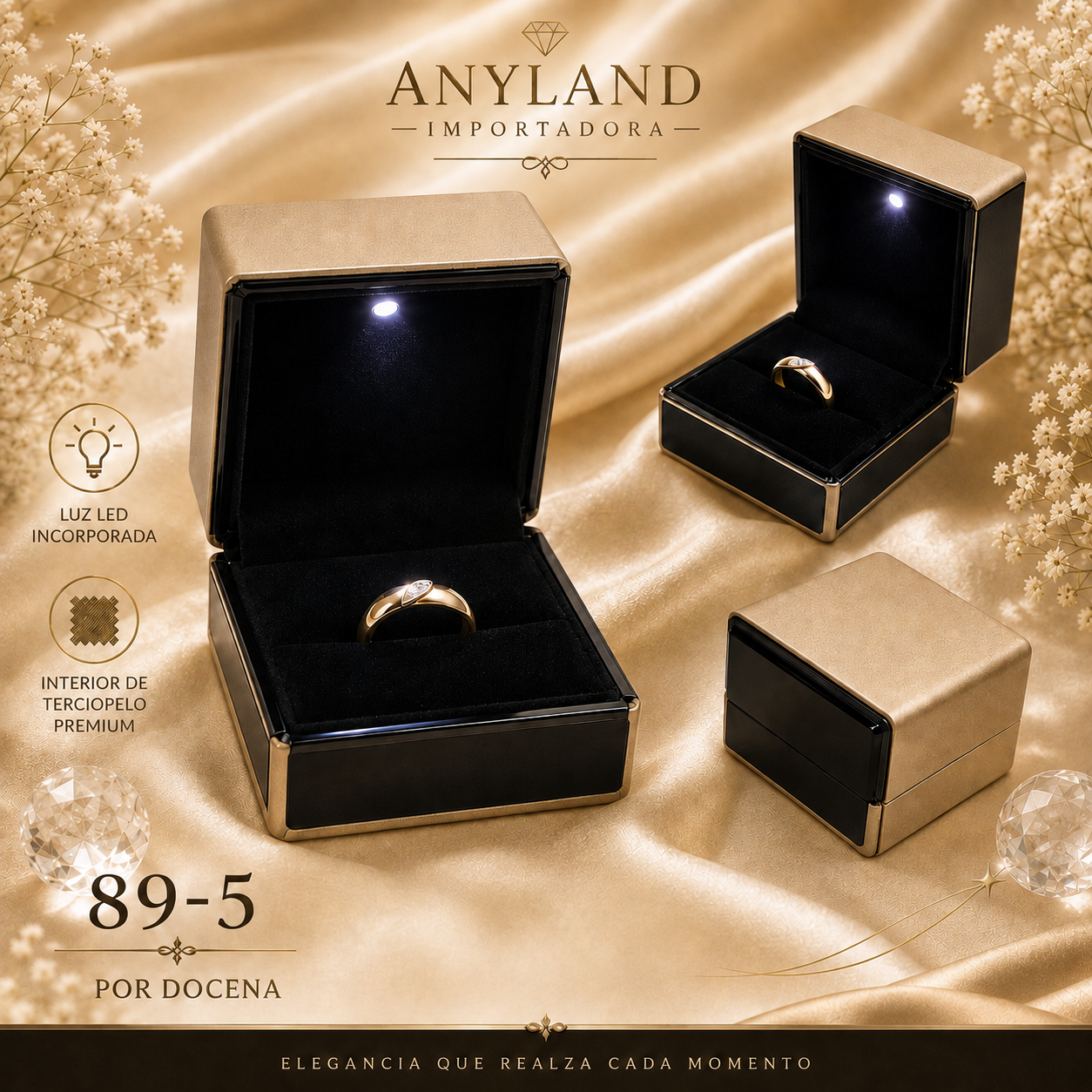 Caja para 1 anillo c/luz led color vino x12u. (89-5)