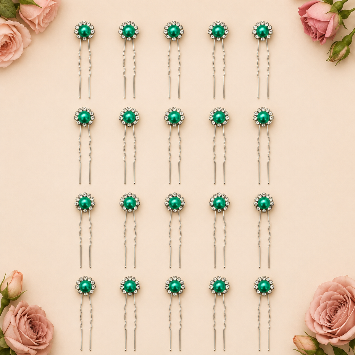 Horquillas para el cabello de perlas con diamantes color verde x20 piezas de 7cm (NU-03)