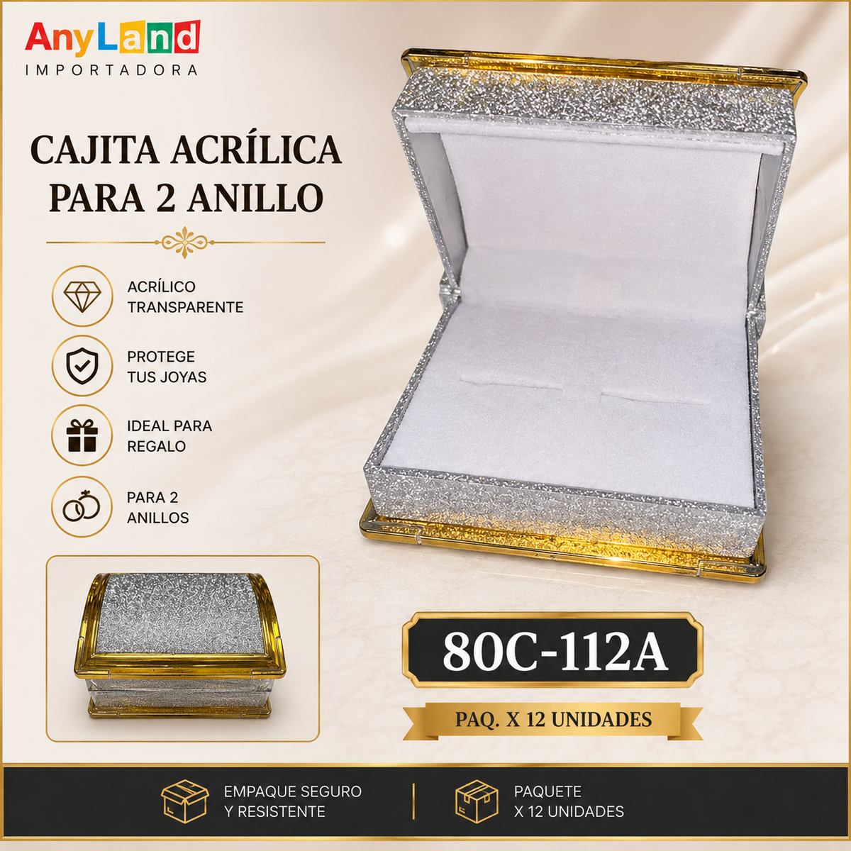 Cajita acrilica para 2 anillo paq x12 (80C-112A)