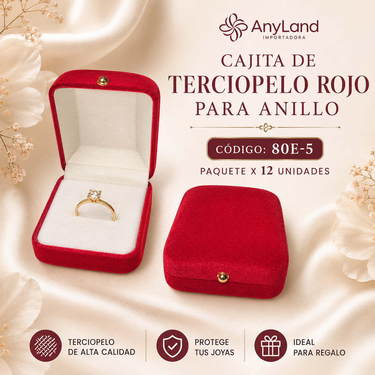Cajita de terciopelo rojo para anillo por docena (80E-5)