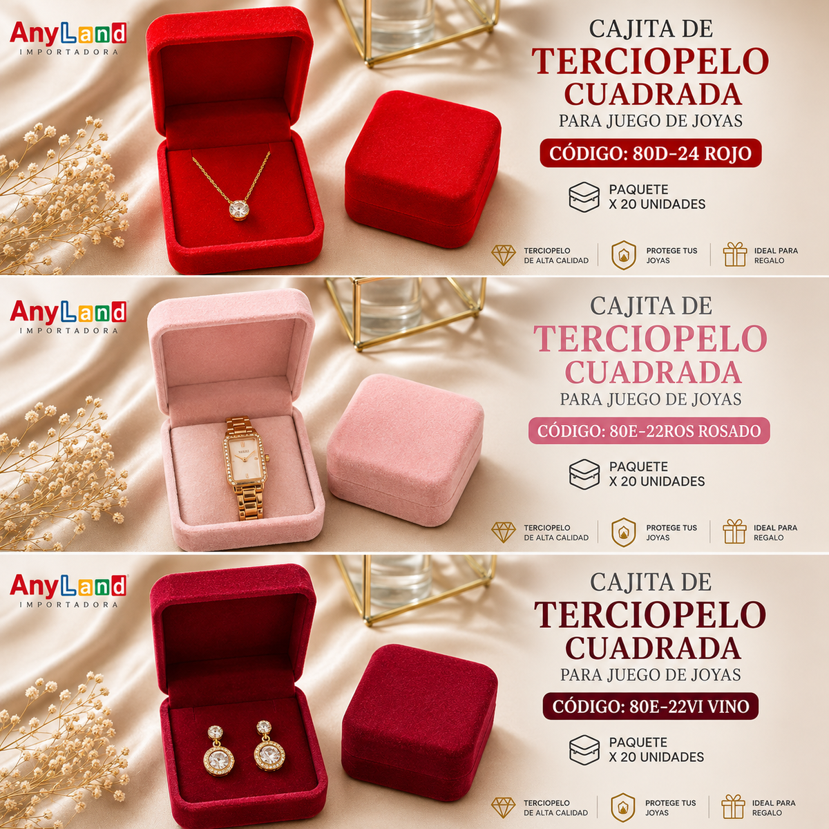 Cajita de terciopelo cuadrada paq x 20 unid. para juego (80D-24/80E-22ROS/80E-22VIN)e