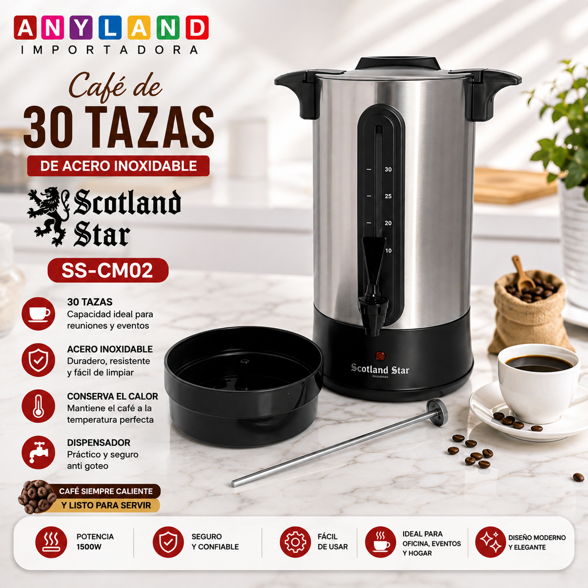 Dispensador de Café de 30 Tazas de Acero Inoxidable Scotland Star (SS-CM02)