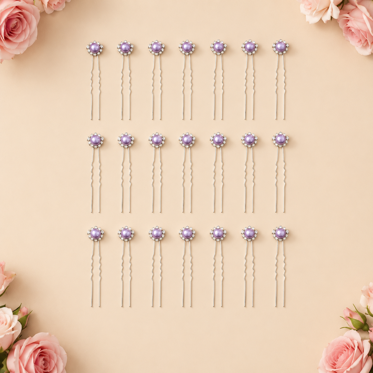 Horquillas para el cabello de perlas con diamantes color lila x20 piezas de 7cm (NU-03)