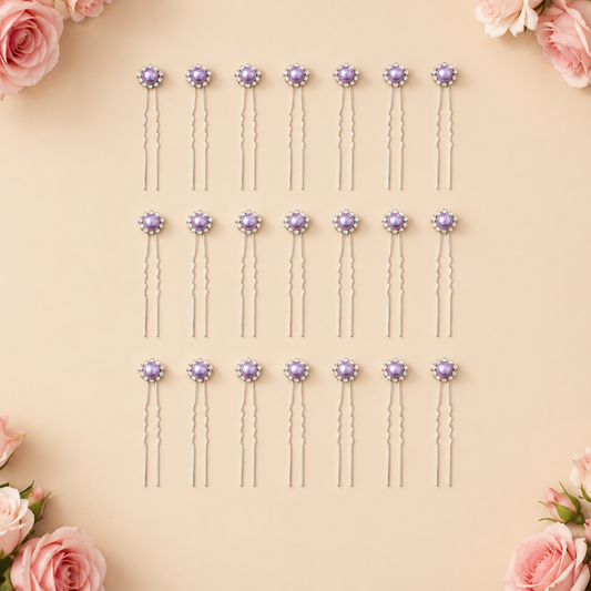 Horquillas para el cabello de perlas con diamantes color lila x20 piezas de 7cm (NU-03)