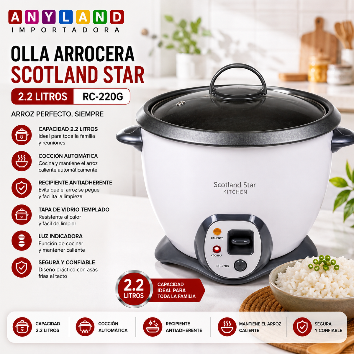 Olla arrocera Scotland Star blanco 2.2L (RC-220G)