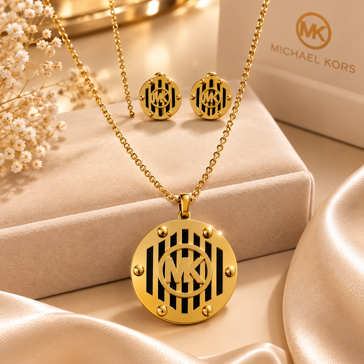 Juego de cadena y aretes dorado de acero quirúrgico (COD.88-170)