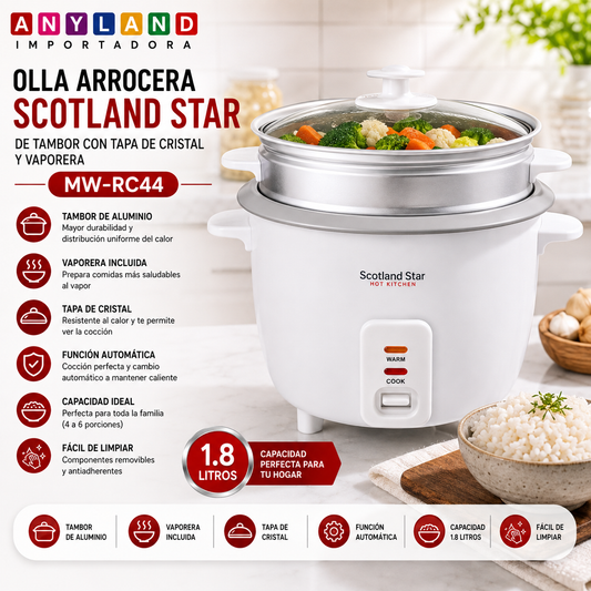Olla Arrocera Scotland Star de Tambor con Tapa de Cristal y Vaporera (MW-RC44)