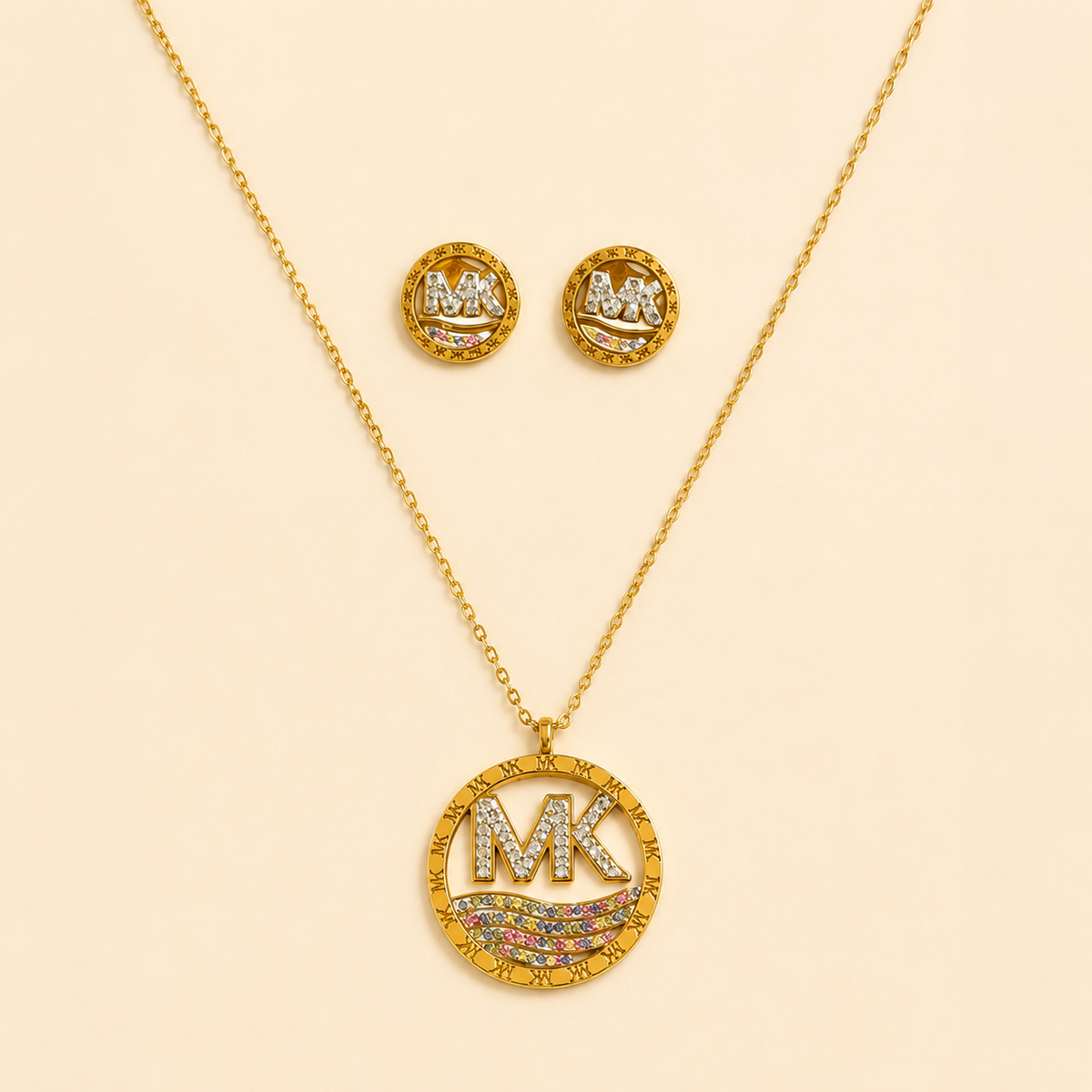 Juego de cadena y aretes dorado de acero quirúrgico (COD.88-157)