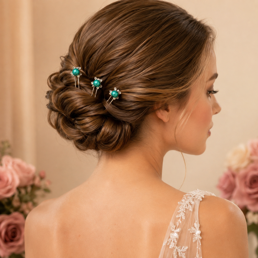 Horquillas para el cabello de perlas con diamantes color verde x20 piezas de 7cm (NU-03)