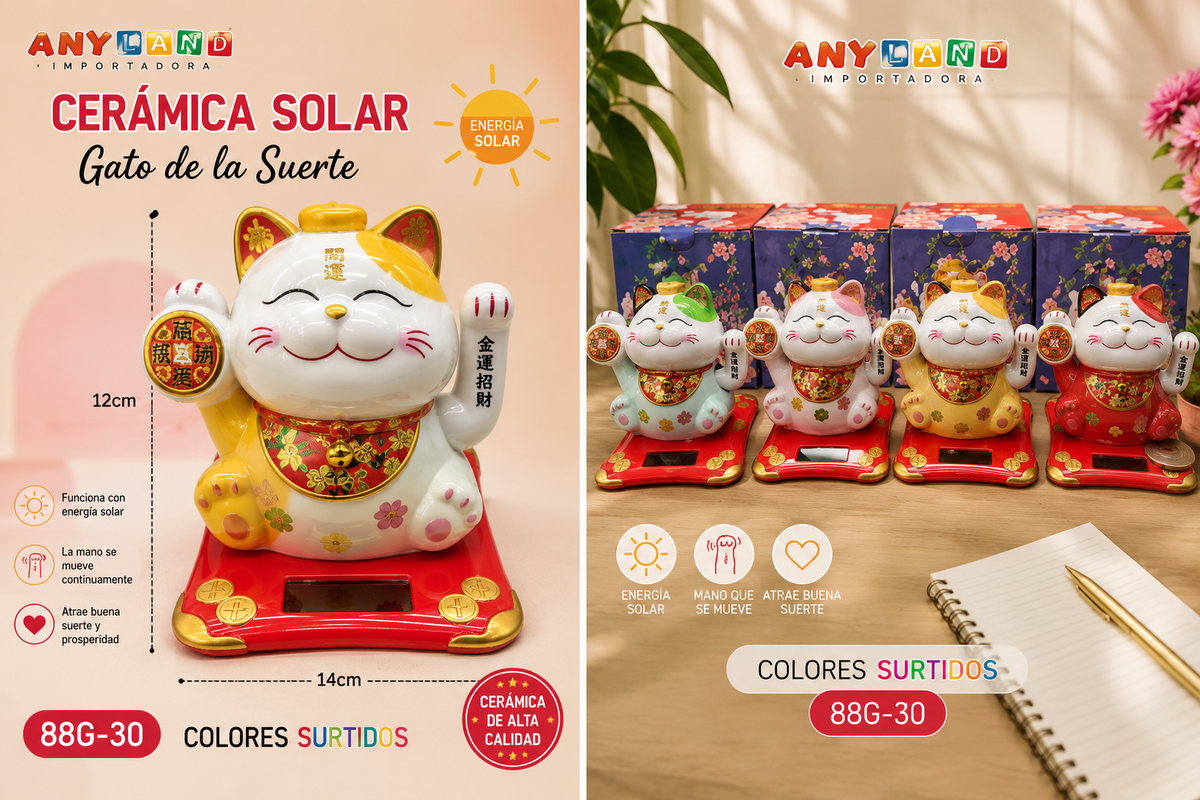 Gato de ceramica Solar mediano 14cm alto x12cm ancho (88G-30) COLORES SURTIDOS