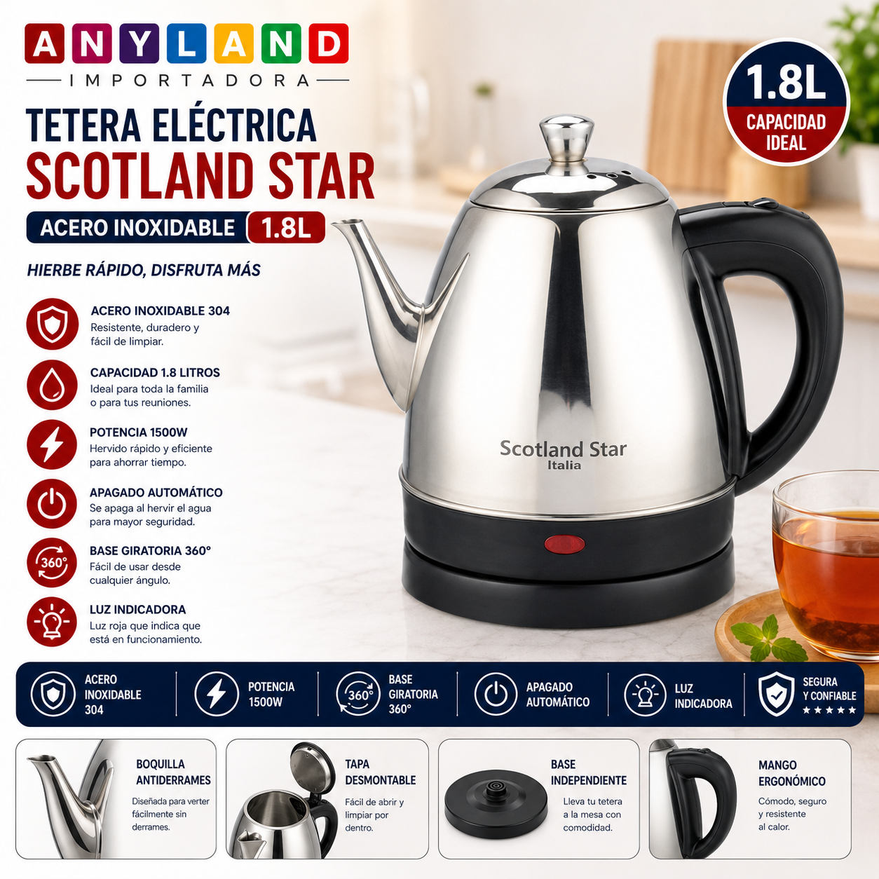 Tetera Electrica Acero Inoxidable 1.8L Scotland Star (MW-KT25)