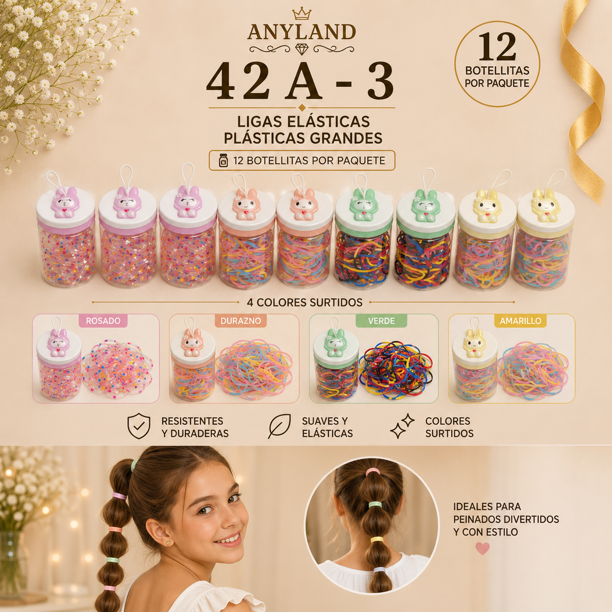 Ligas grandes elasticas plásticas suave en botellita de conejo para cabello X 12 botellitas (42A-3)
