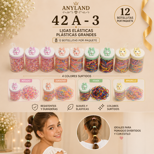 Ligas grandes elasticas plásticas suave en botellita de conejo para cabello X 12 botellitas (42A-3)
