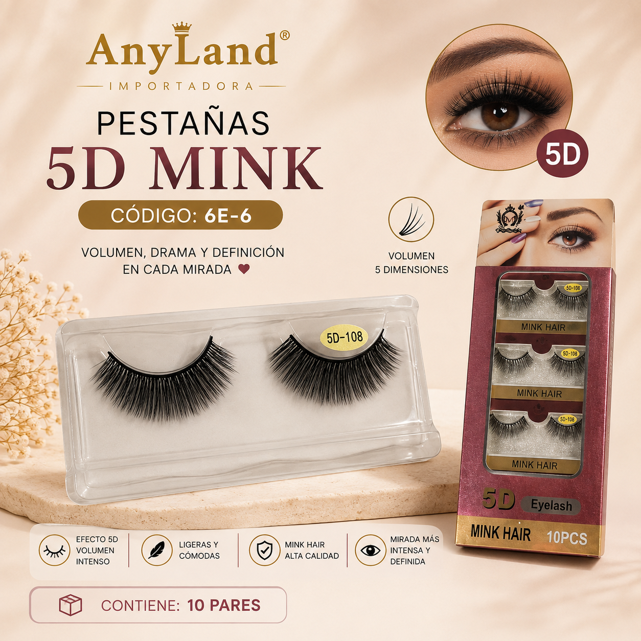 Pestañas postizas 5D Caja Rosada x 10 unds (6E-6)