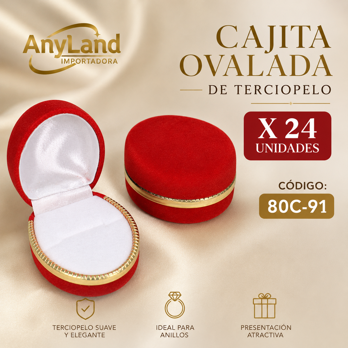 Caja gamuza ovalada para 1 anillo filo dorado x24 (80C-90-91)