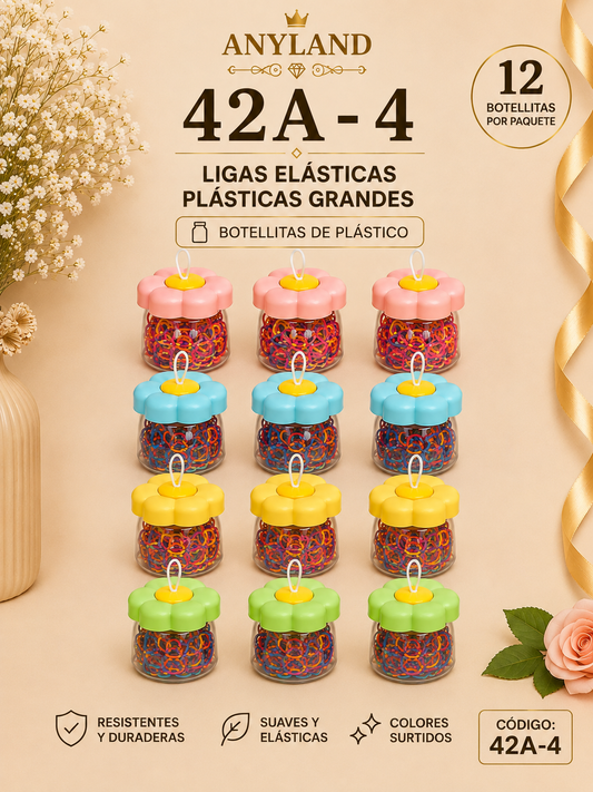 Ligas grandes elasticas plásticas suave en botellita de flor para cabello X 12 botellitas (42A-4)