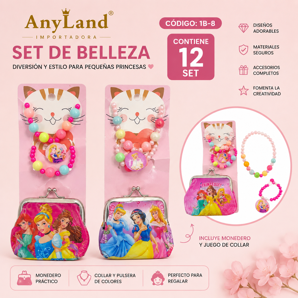 Set de cadena y pulsera + monedero  para niñas x 12 set (1B-8)