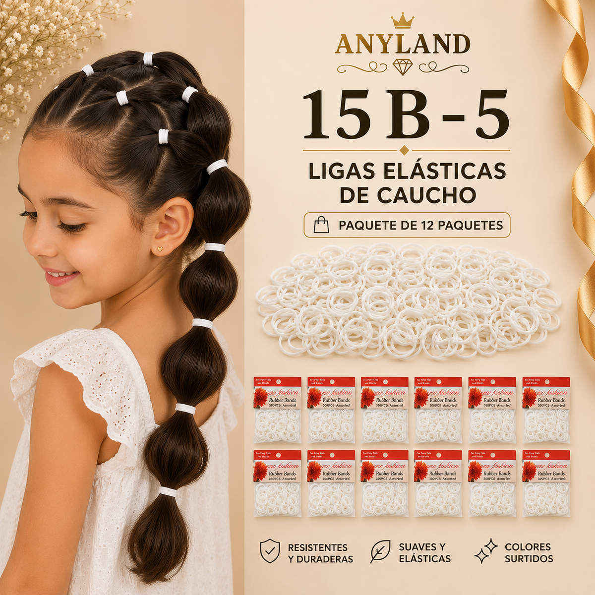Ligas de caucho para cabello blanco por 12 paquetes (15B-5)