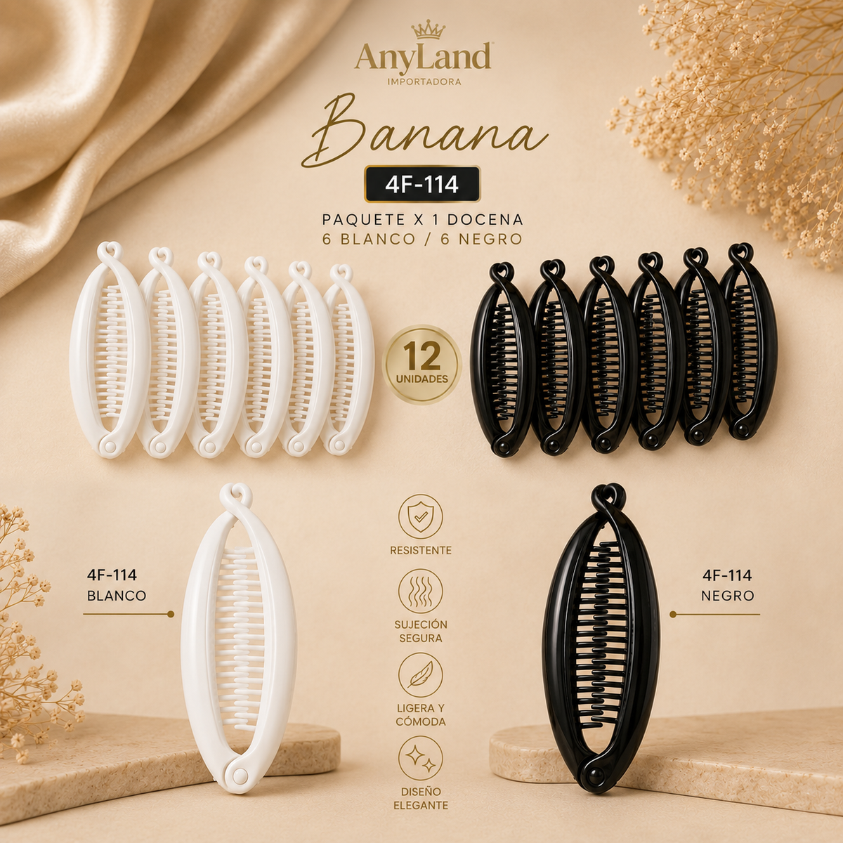 Banana grande 6negro  y 6blanco para el cabello por docena (4F-114)