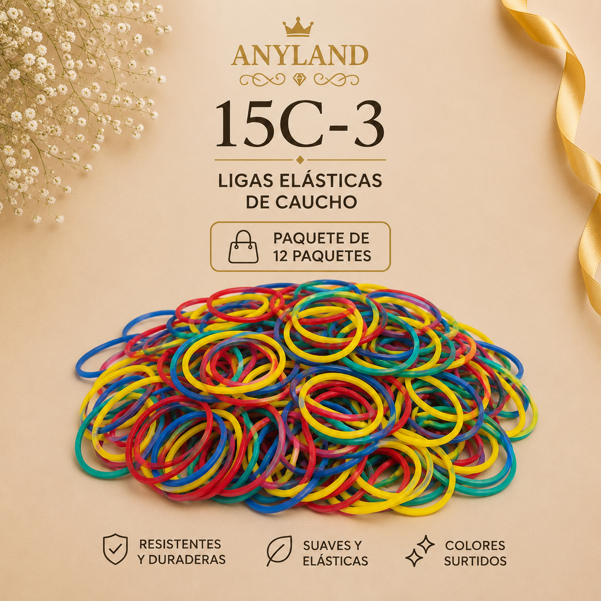 Ligas de caucho colores funda por 12 paquetes (15C-3)