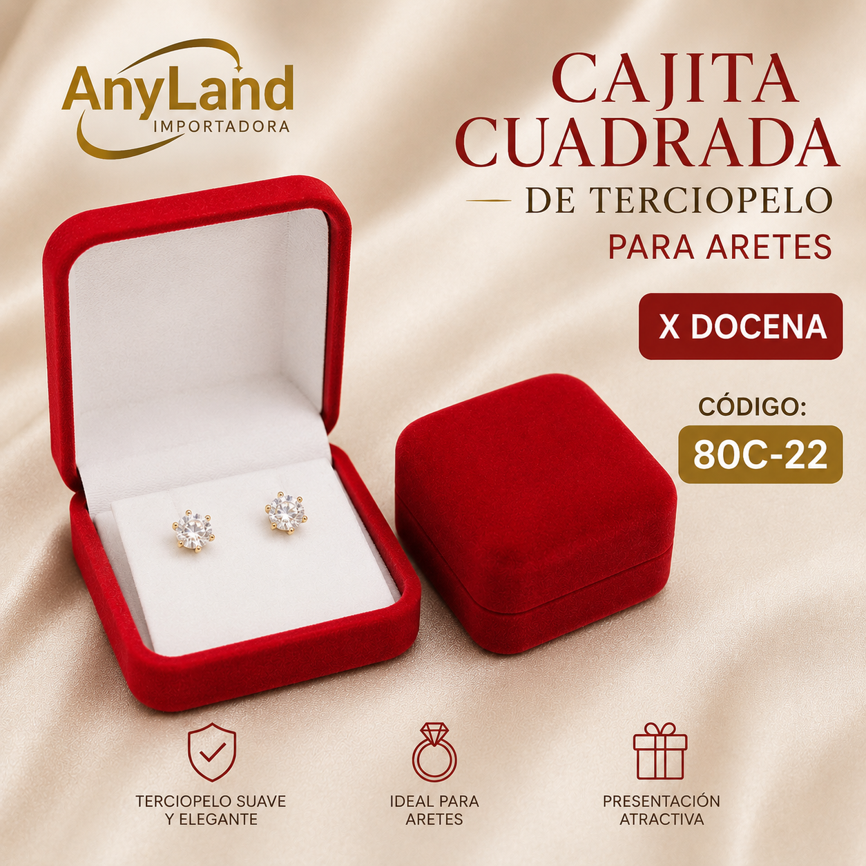 CAJITA GAMUZA CUADRADA ARETES ROJO DOCENA X12 (80C-22)