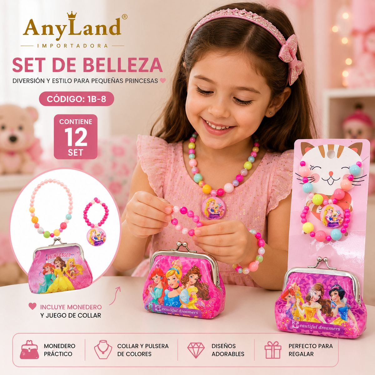 Set de cadena y pulsera + monedero  para niñas x 12 set (1B-8)