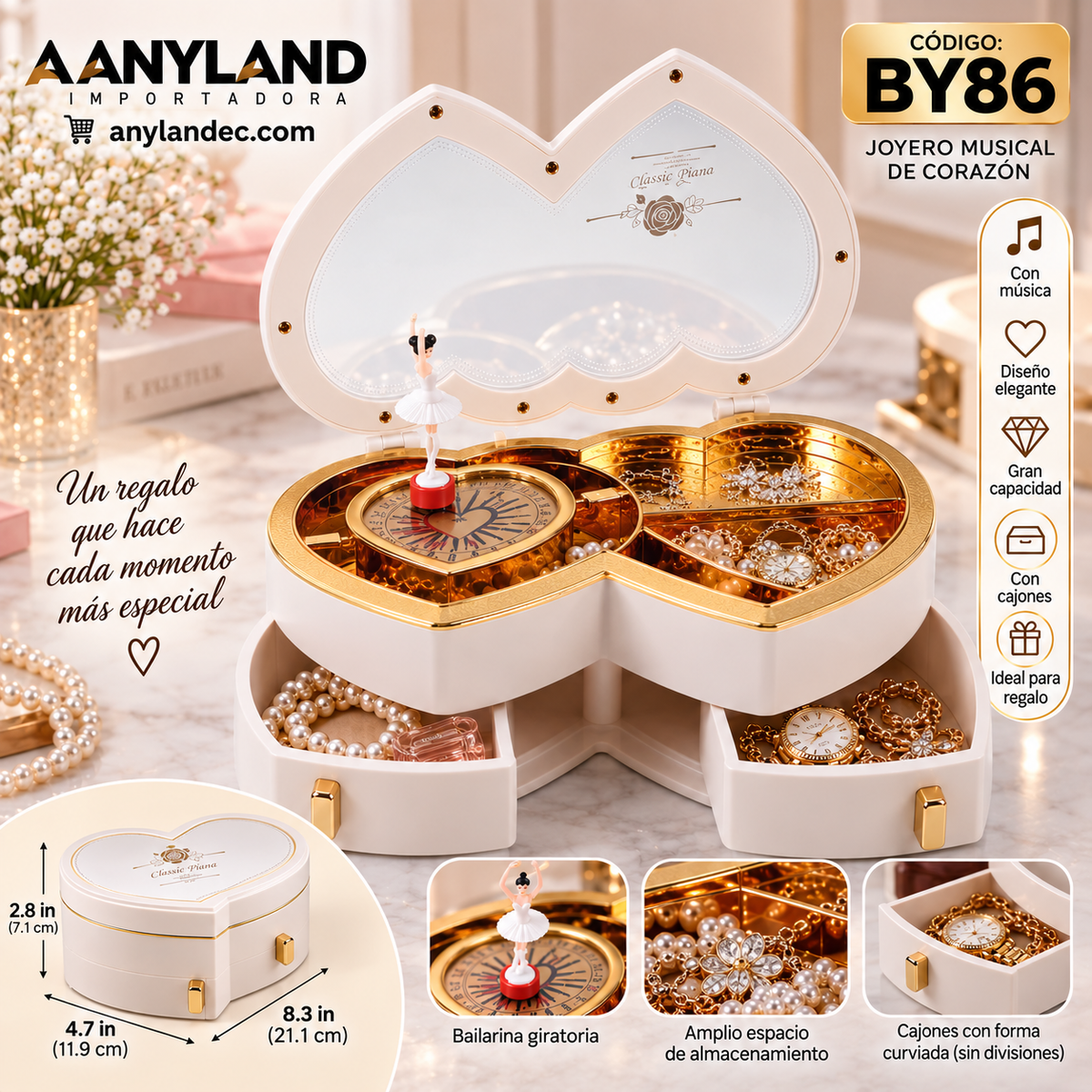 Caja musical beige de doble corazón (BY86)