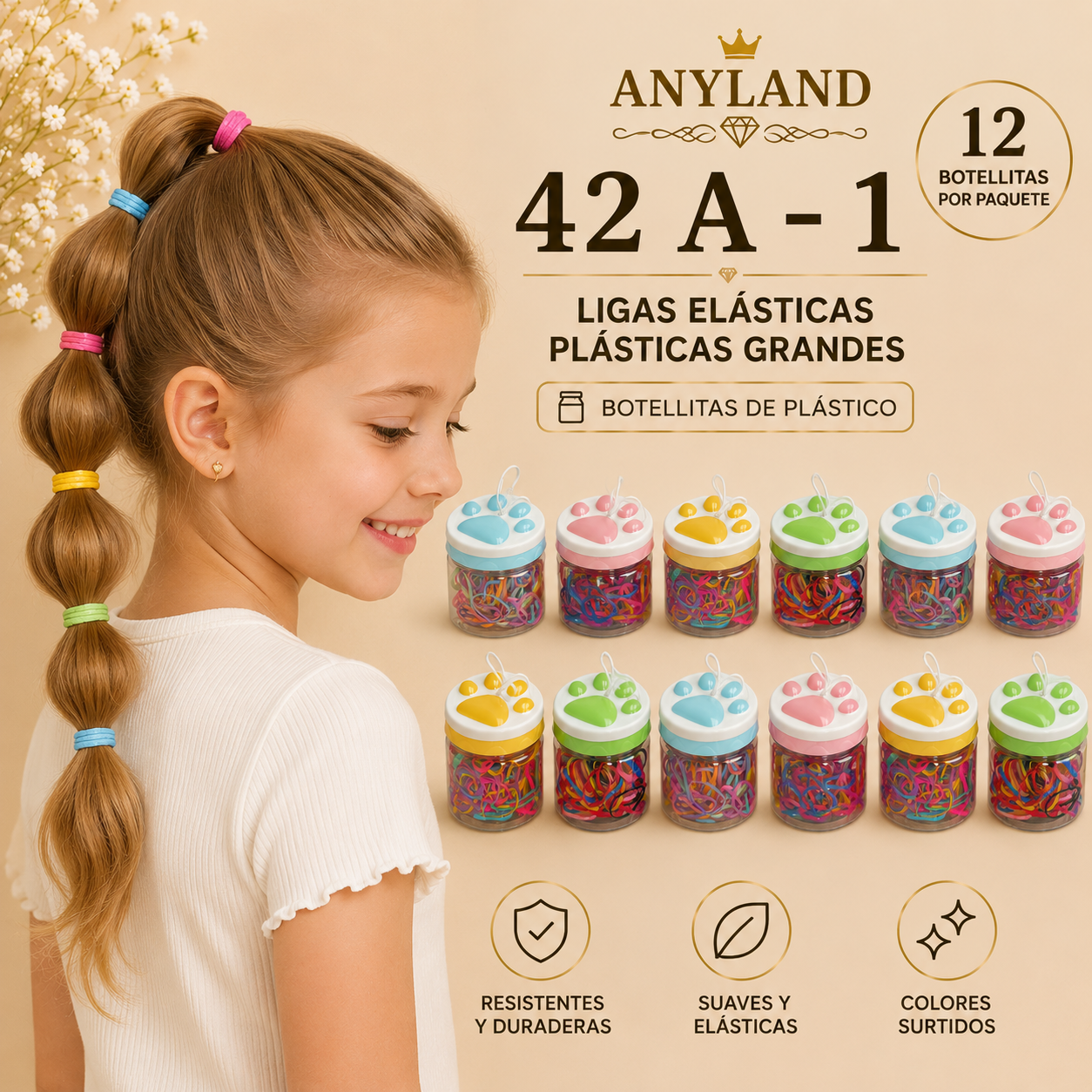 Ligas grandes elasticas plásticas suave en botellita de huella para cabello X 12 botellitas (42A-1)