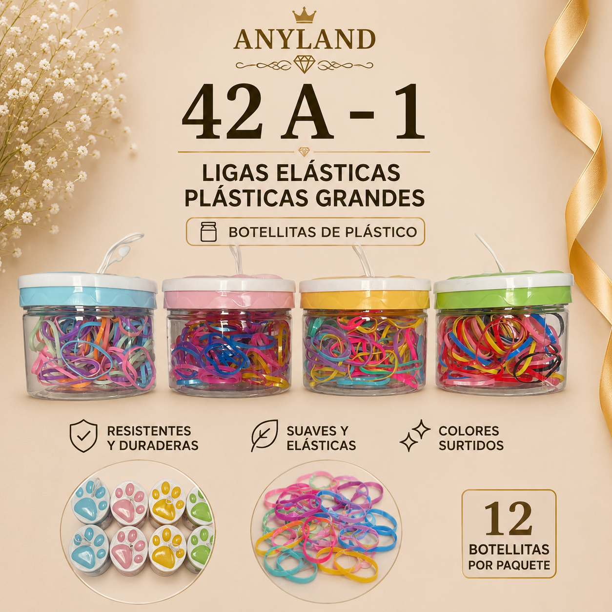 Ligas grandes elasticas plásticas suave en botellita de huella para cabello X 12 botellitas (42A-1)