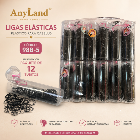 Ligas elasticas plásticas grandes suave negro en tubo para cabello x12 tubitos (98B-5)