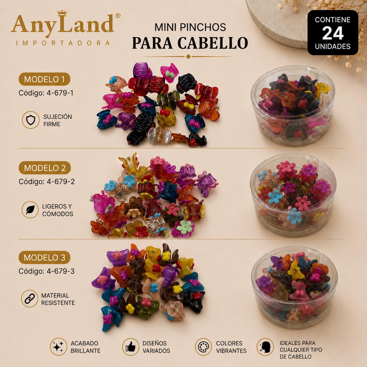 Pinchos piojitos peq. de colores traslucidos Cx24 unidades (4-679)