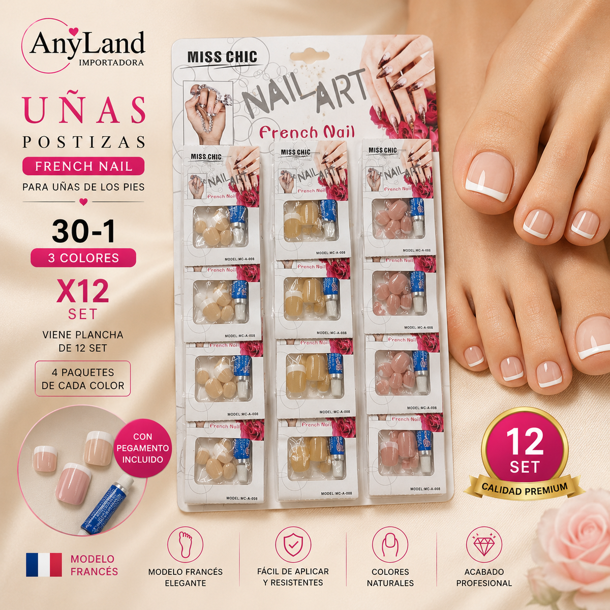 Uñas postizas frances blister x12 3 colores surtido (30-1)