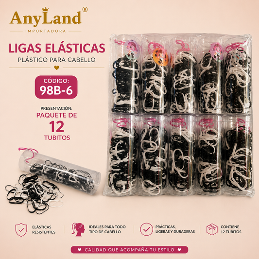 Ligas elasticas plásticas grandes suave negro con blanco en tubo para cabello x12 tubitos (98B-6)