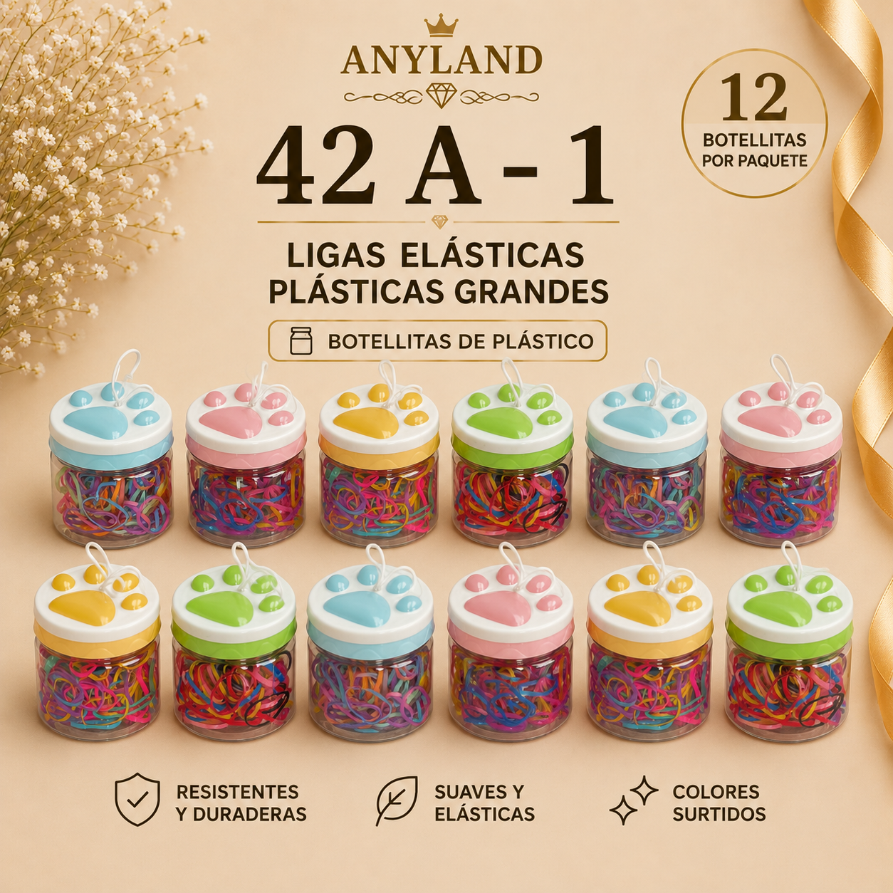 Ligas grandes elasticas plásticas suave en botellita de huella para cabello X 12 botellitas (42A-1)