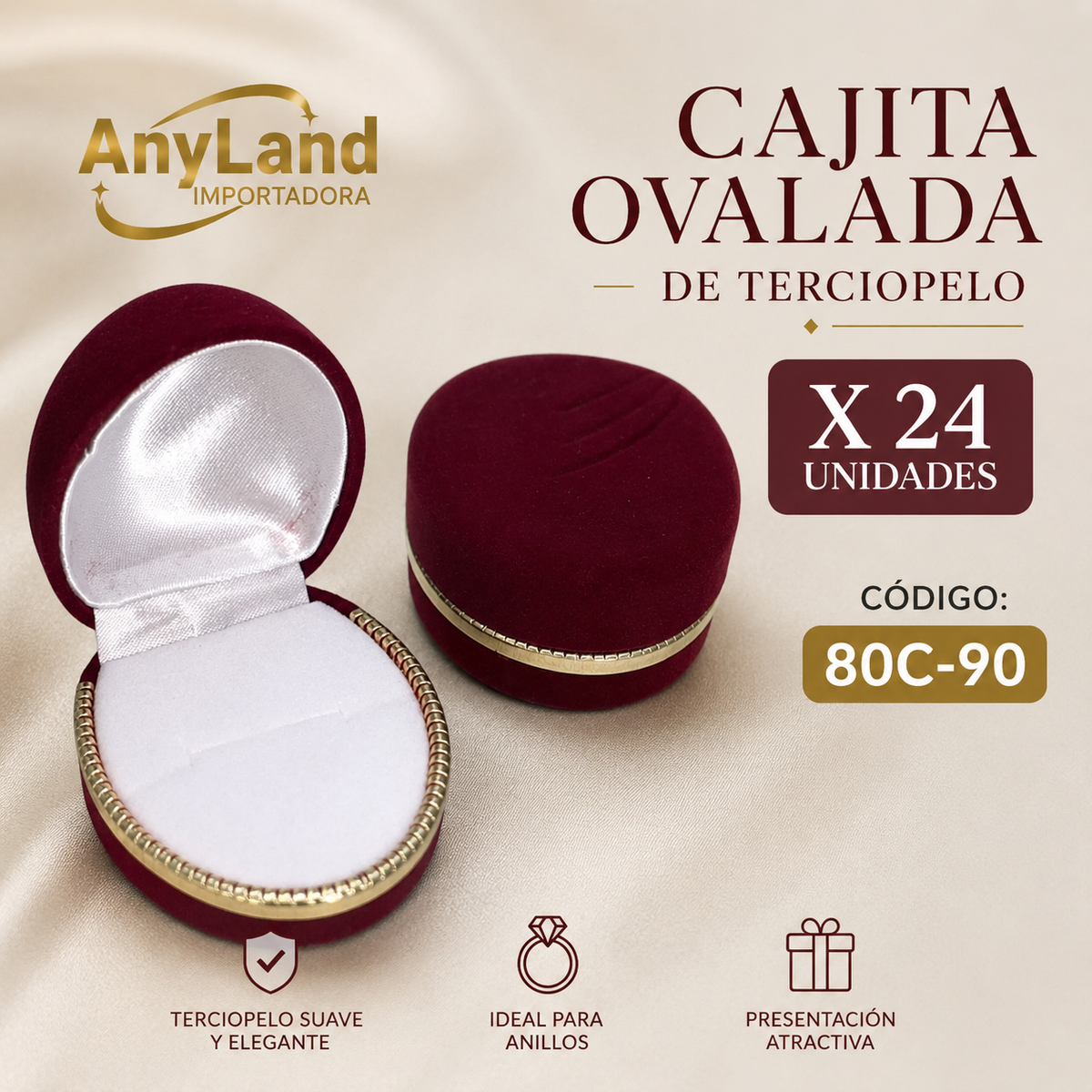 Caja gamuza ovalada para 1 anillo filo dorado x24 (80C-90-91)