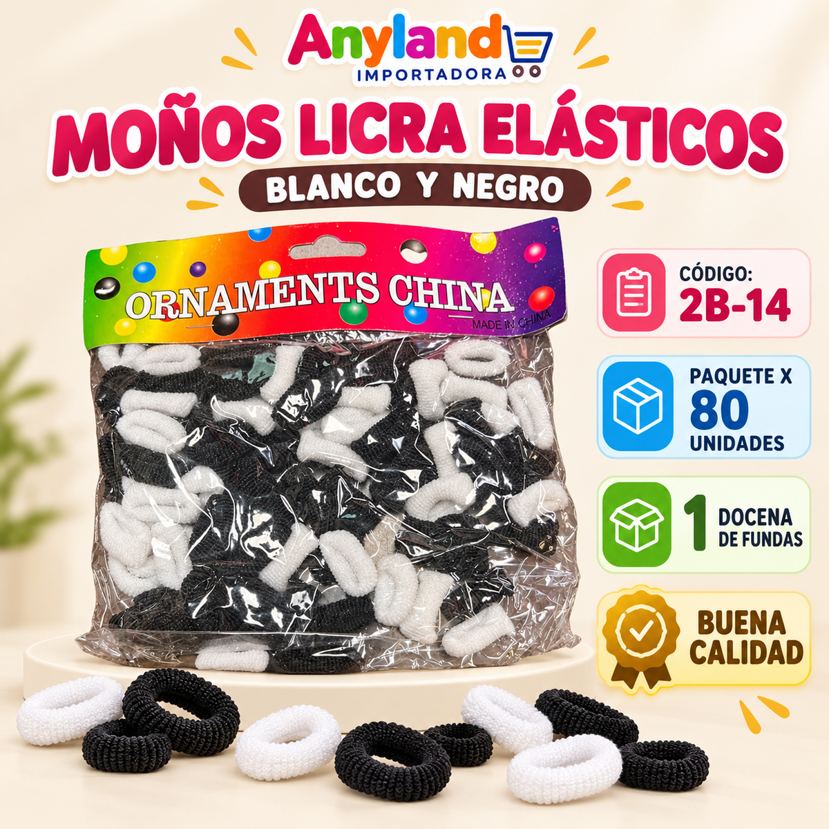 Moñitos licra pequeño x80 unid para cabello Blanco con Negro paquete x12 (2B-14)