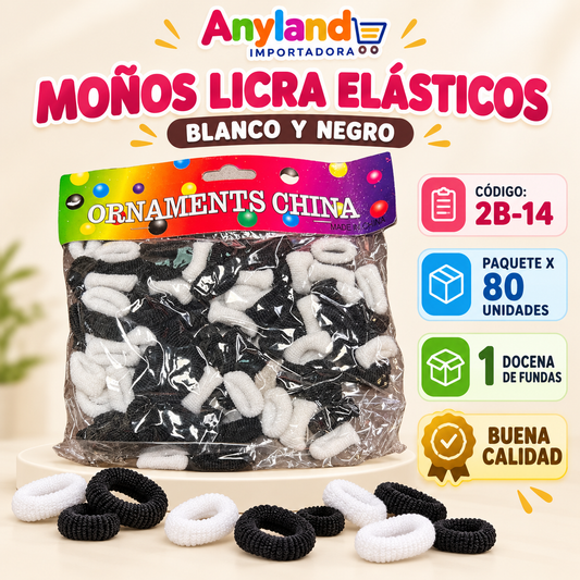 Moñitos licra pequeño x80 unid para cabello Blanco con Negro paquete x12 (2B-14)