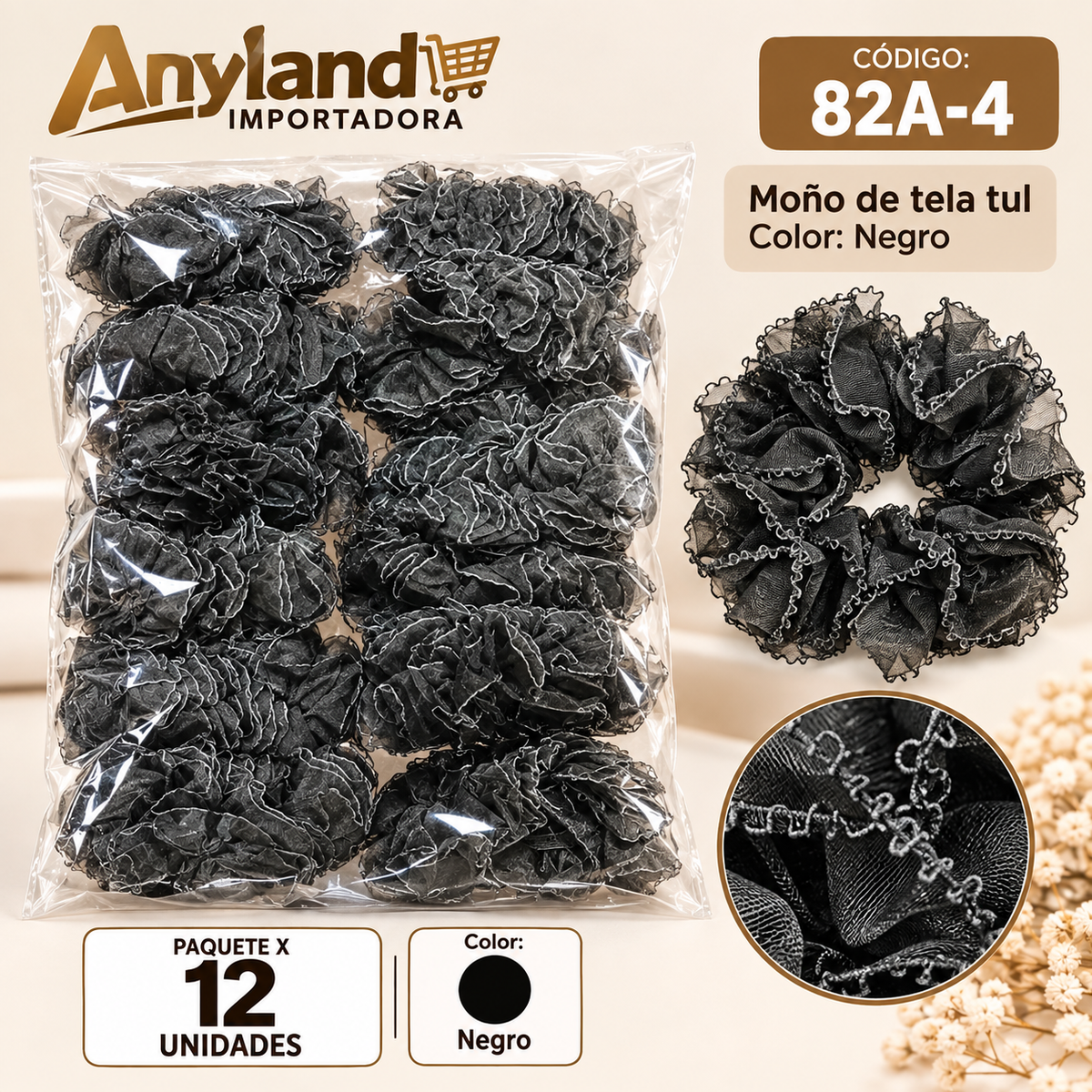 Moño para cabello de tela tul negro por docena (82A-4)
