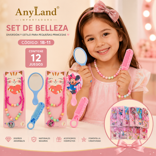 Set de cadena y pulsera + espejo y peinilla para niñas x12 set (1B-11)