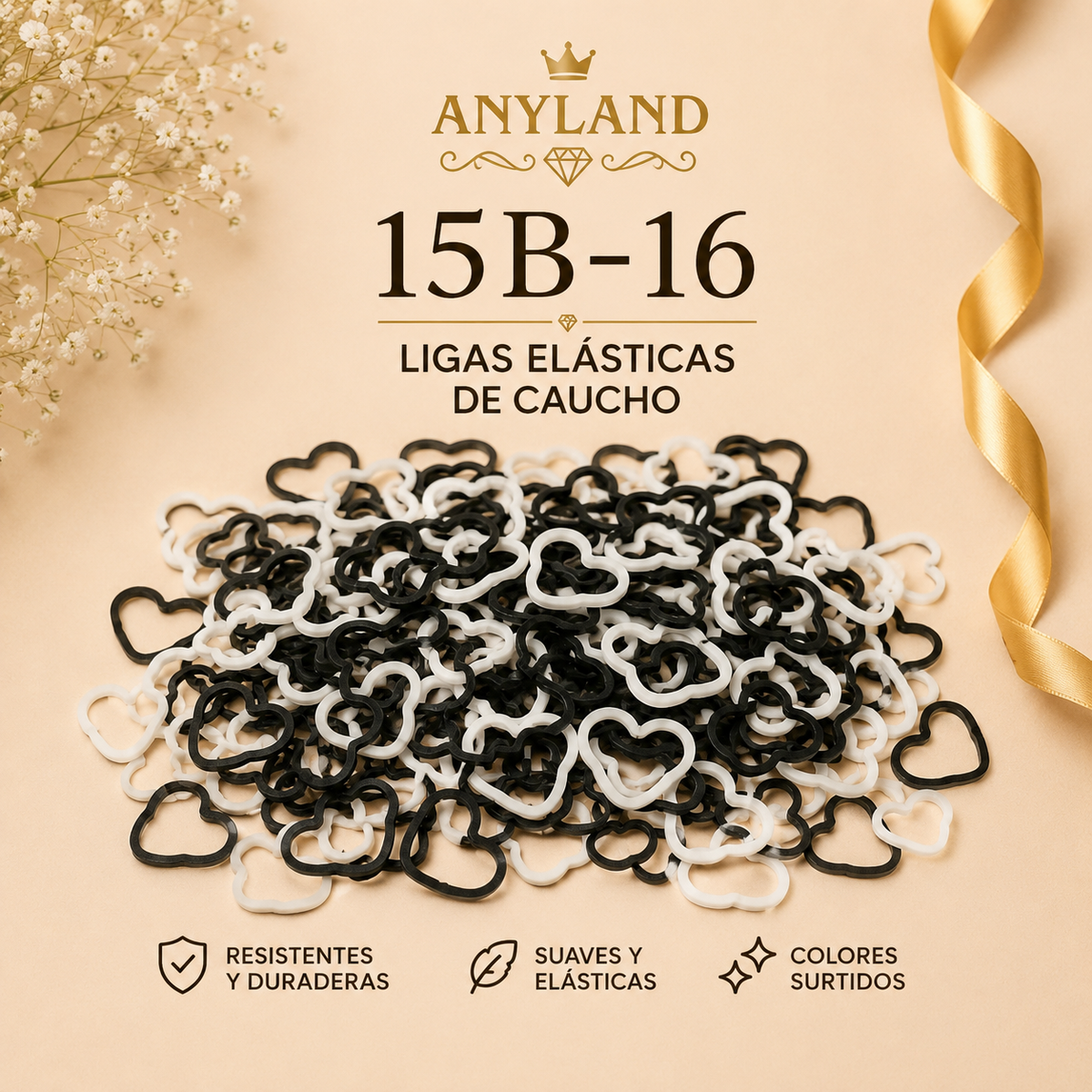 Ligas de caucho flor blanco y negro por 12 paquetes (15B-16)