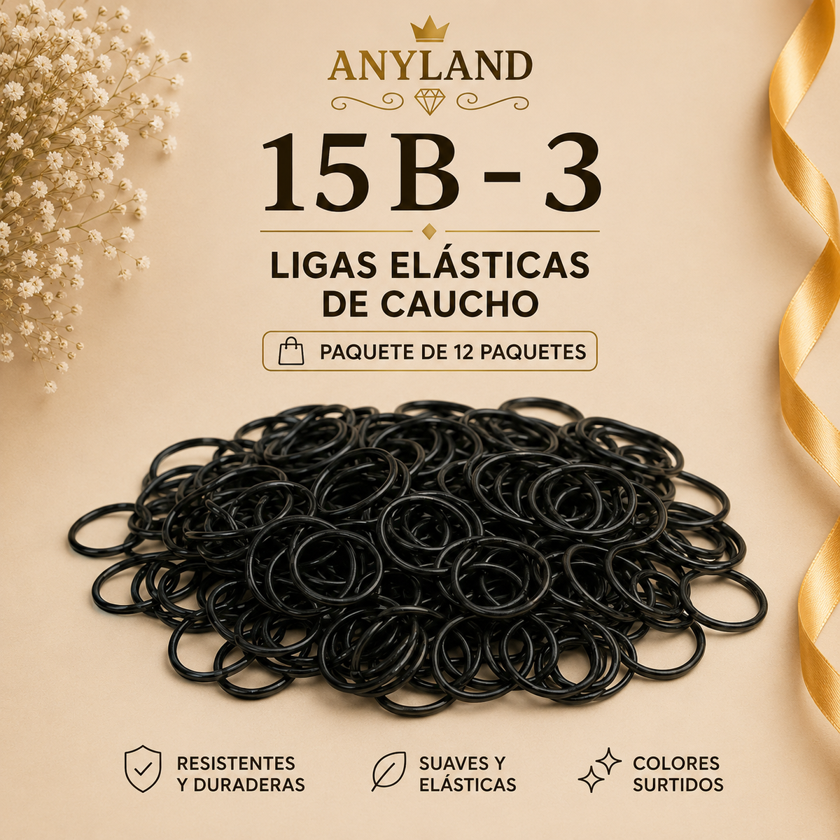 Ligas de caucho para cabello negro por 12 paquetes (15B-3)