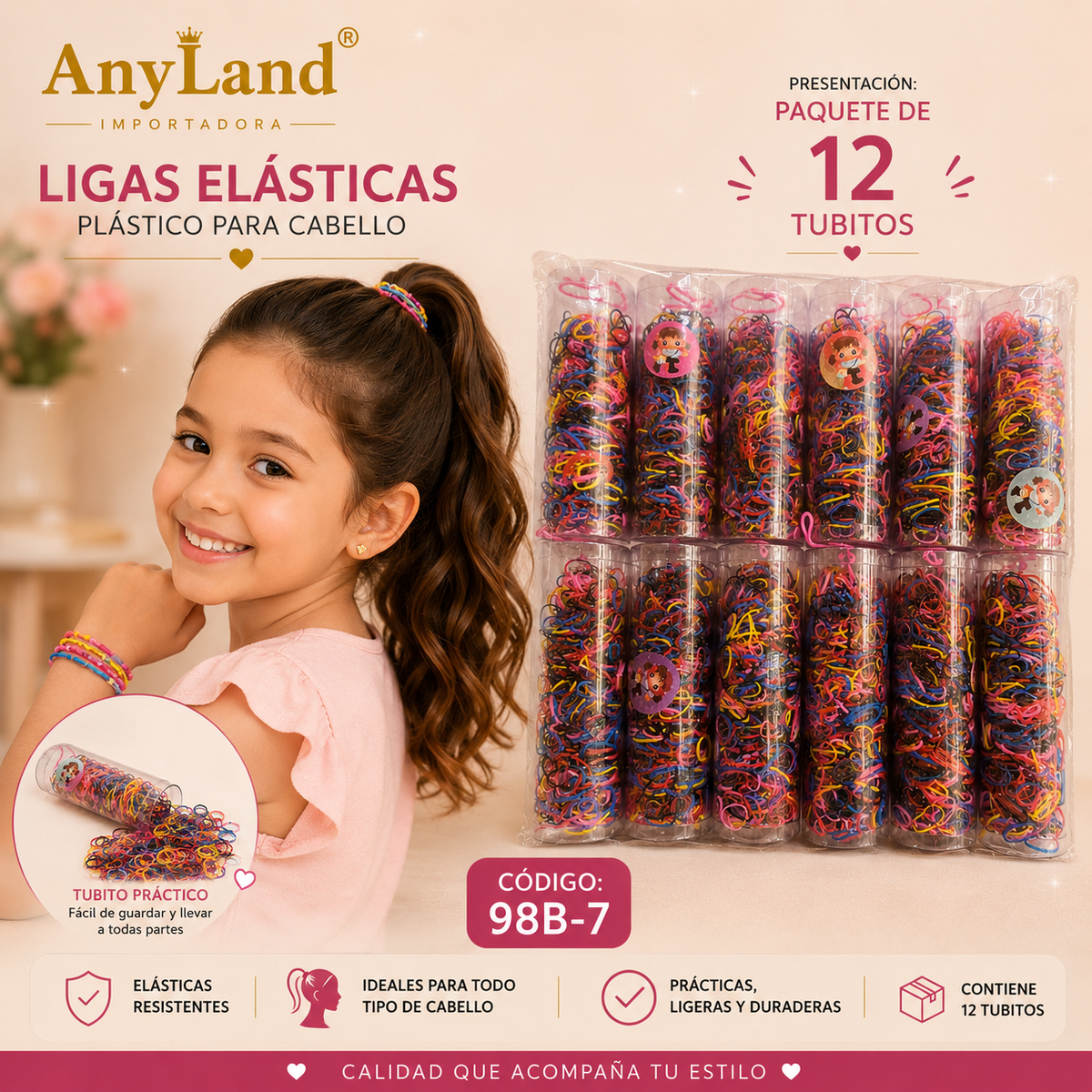 Ligas elasticas plásticas peq. suave en tubo para cabello X 12 tubitos (98B-7)