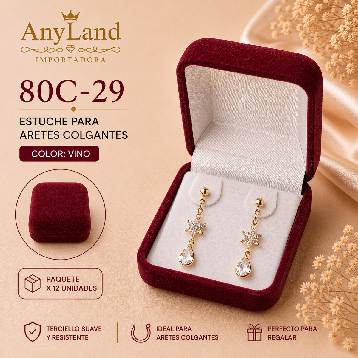 Cajita de terciopelo cuadrada para aretes x12 (80C-27-28-29)