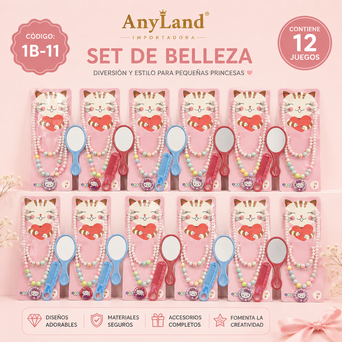 Set de cadena y pulsera + espejo y peinilla para niñas x12 set (1B-11)