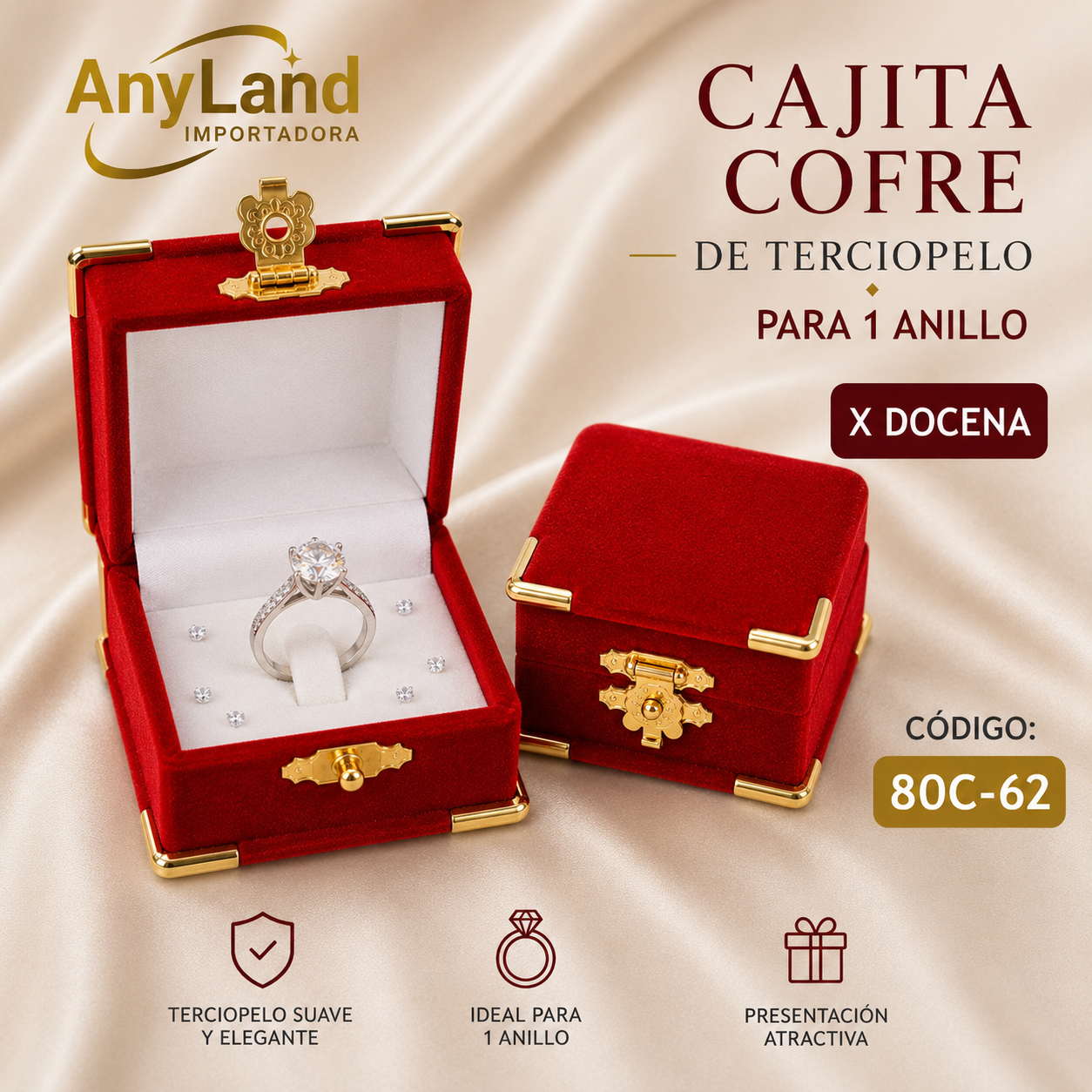 Cajita de gamuza rojo de Cofre para un anillo X12 (80C-62)