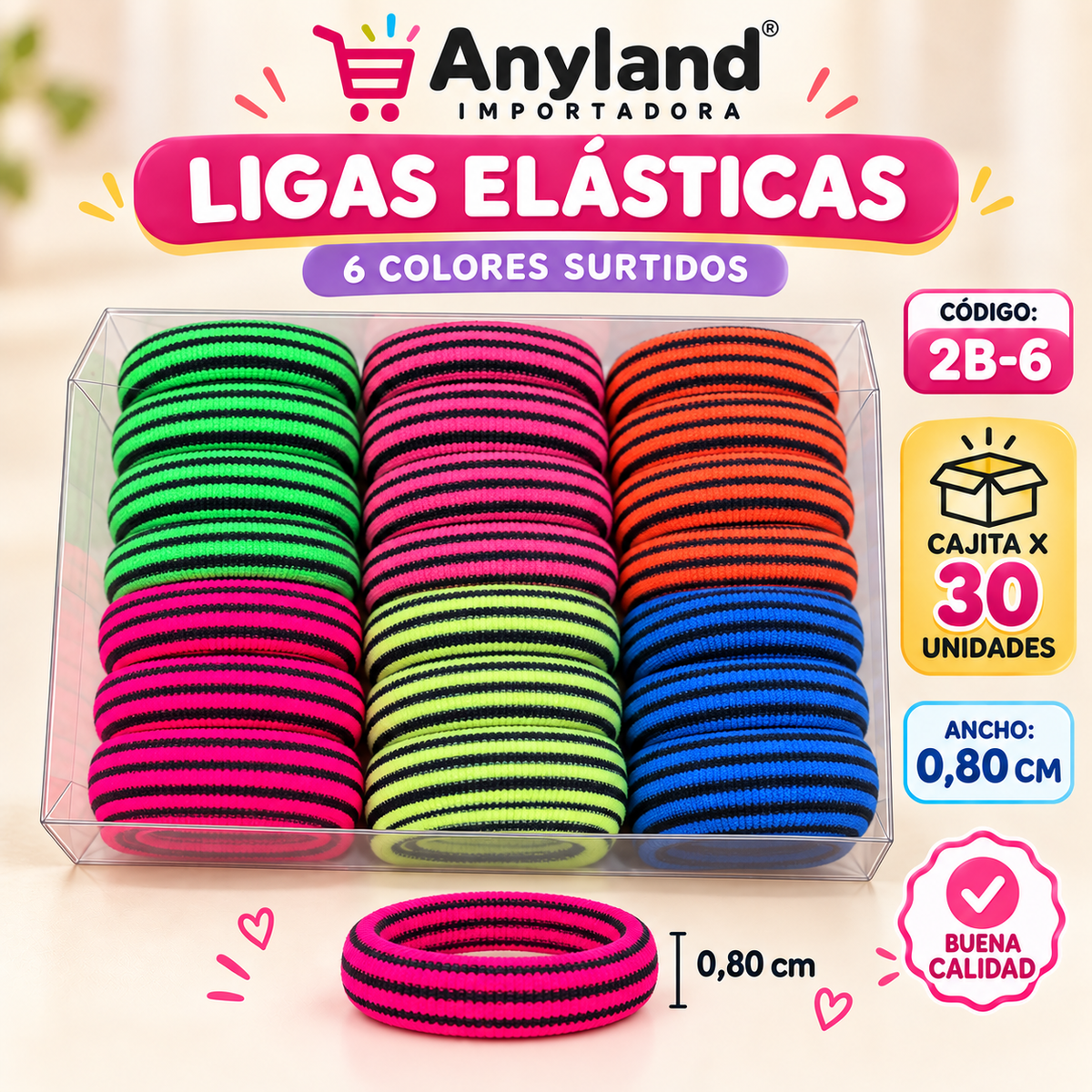 Ligas elásticas en 6 Colores de 0,80cm de ancho caja x30 unidades (2B-6)