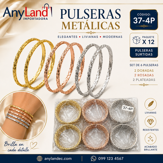 Pulseras metalicas 3 Oros paq x doc x 6 pulseras (37-4P)