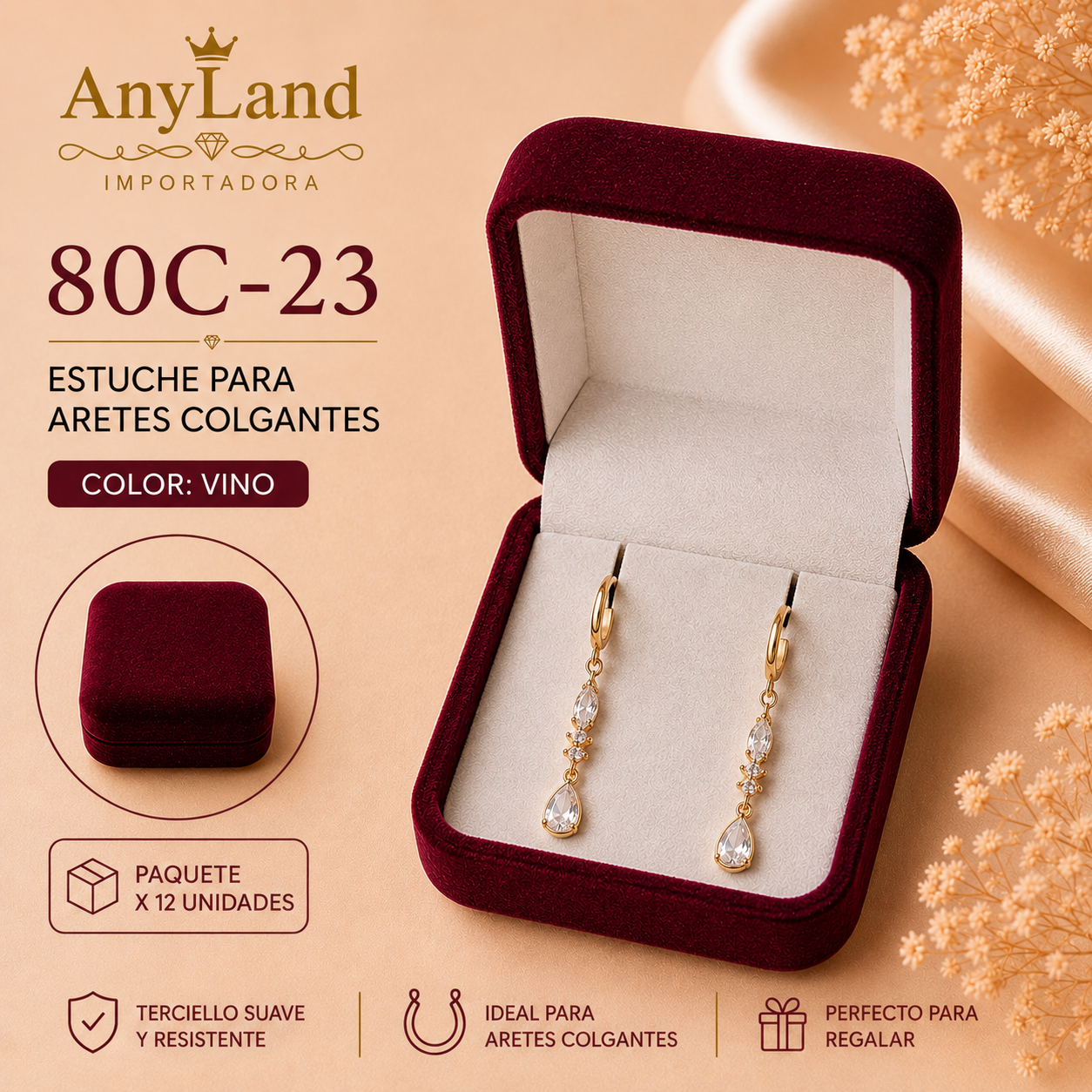 Cajita de terciopelo cuadrada vino para aretes x12 (80C-23)